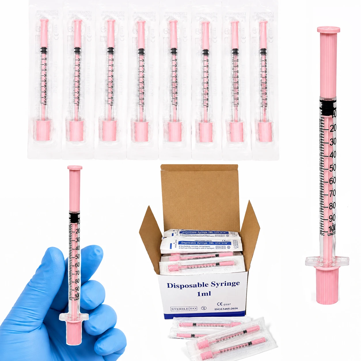 1 Box 31G X 8mm 1ml Pink Insulin Syringe with Needle - Veterinary Disposable EO Gas Sterilized Syringe for Cats Dogs & Rabbits