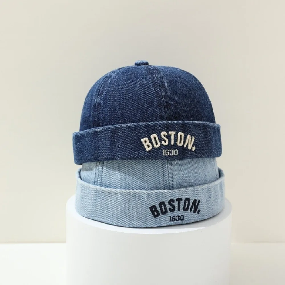 Retro Sprany Denimowy Kapelusz Bez Daszka dla Niemowląt z Haftowanym Napisem, Jednolity Kolor, Dziecięca Czapka Melonowa, Niebieska Regulowana Czapka typu Landlord