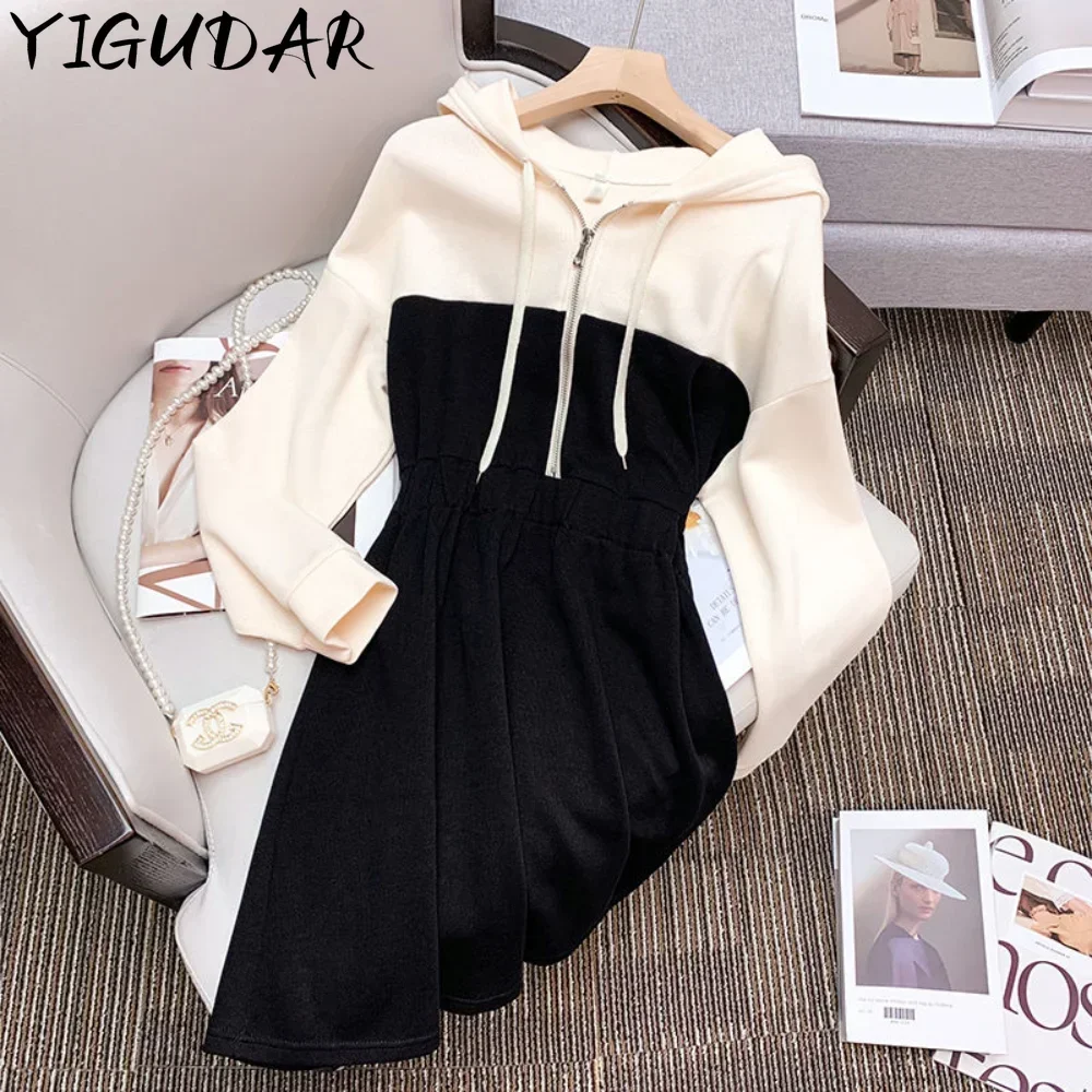 2024 Spring And Autumn Ladies Knee-Length Dress Hooded Warm Sweatshirt Long Sleeve Camp Collar Pocket Simple Casual Sports Dress