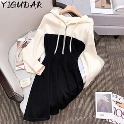 2025 Spring And Autumn Ladies Knee-Length Dress Hooded Warm Sweatshirt Long Sleeve Camp Collar Pocket Simple Casual Sports Dress