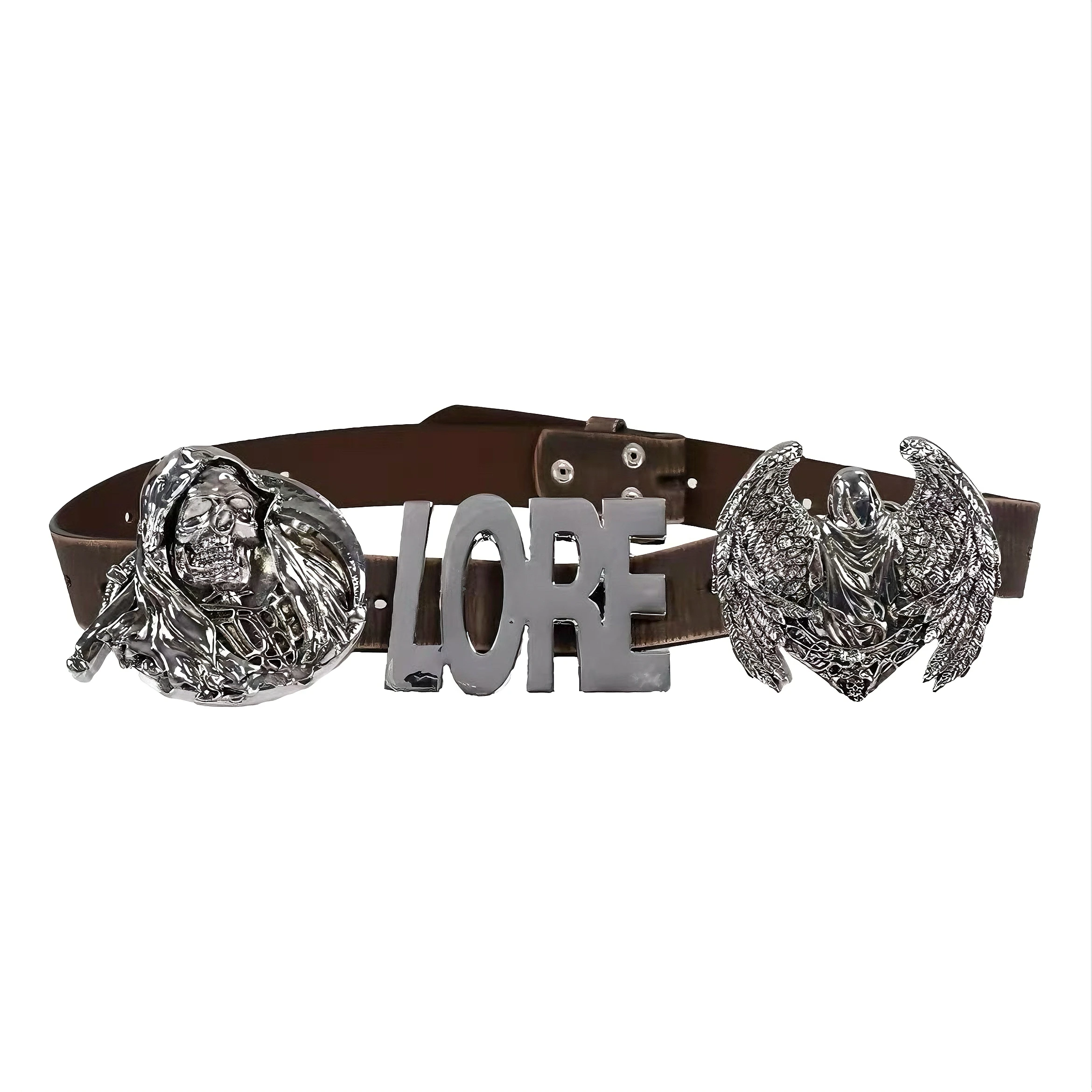 Detachable Three-Headed Angel Death God Styling Belt Fashionable Hip Hop Geometric Pattern Leather Belt for Men Women Youth