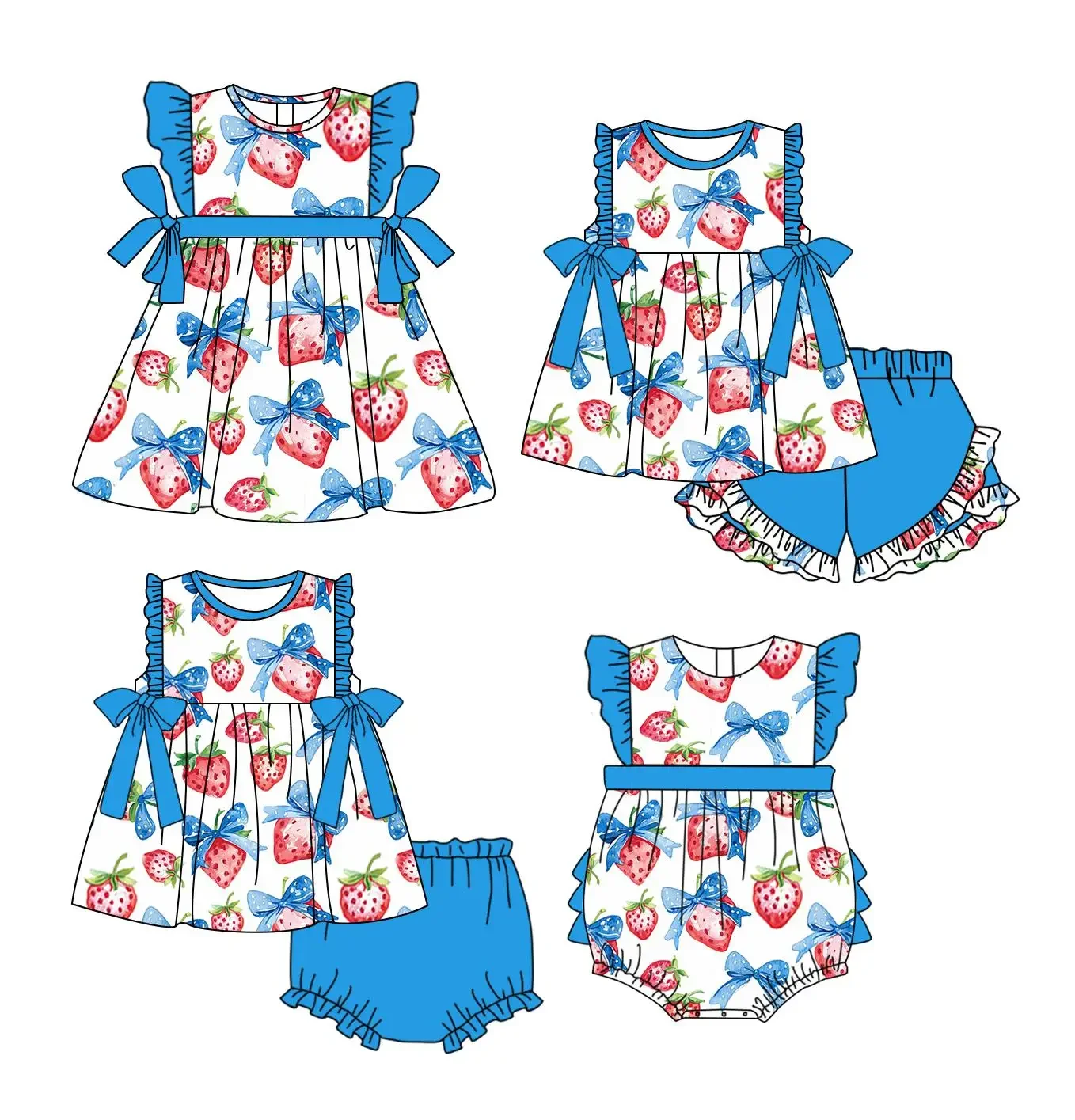 

Fashion new girl series boutique children's set pearl bow strawberry print plaid shorts lace girl set baby jumpsuit set dress