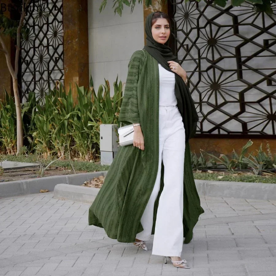 

2025 Muslim Fashion Women Kimono Abaya Solid Striped Retro Ethnic Cardigan Robe Dubai Middle Eastern Saudi Arabia Eid Clothes