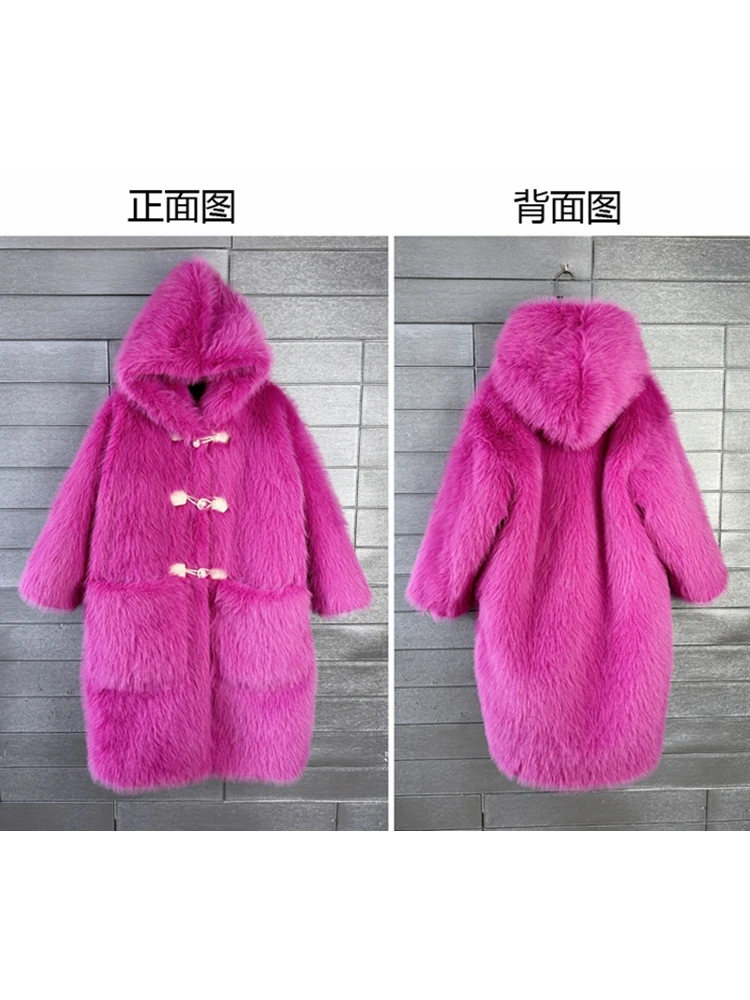 Casaco com capuz de pele sintética feminino, lã artificial, casaco longo, ecológico, rosa vermelha, moda feminina, promoção, inverno