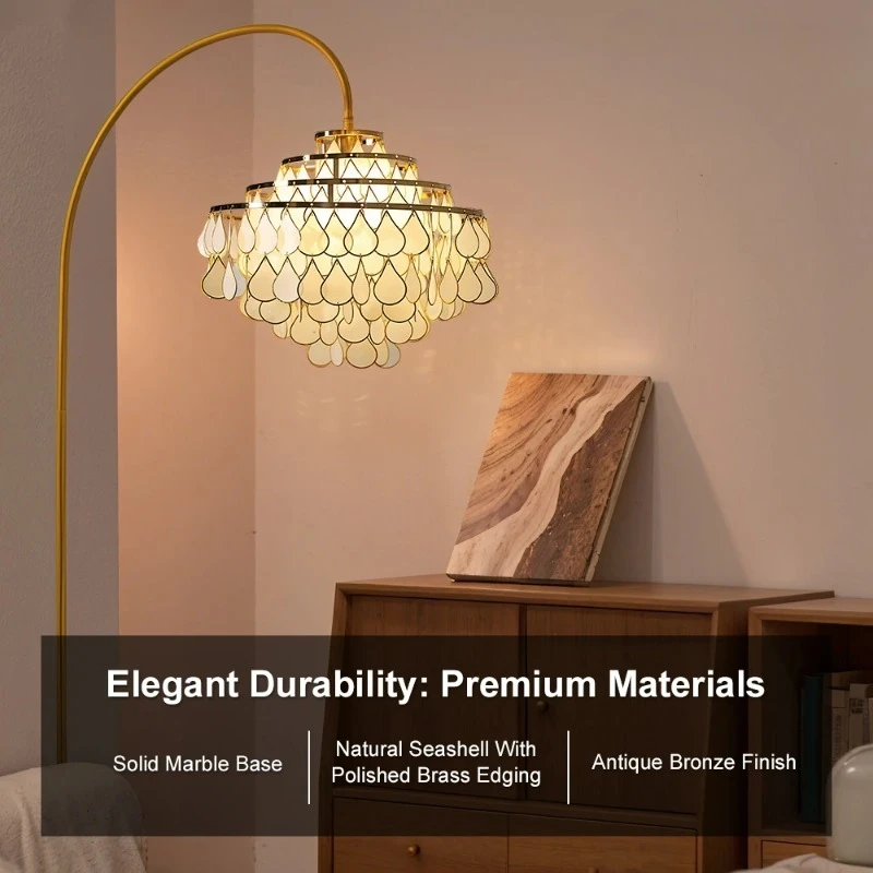 French Luxury Gold Wrought Iron Floor Lamps Teardrop Shape Shell Lampshade Living Room Restaurant Kitchen Bedroom Standing Light