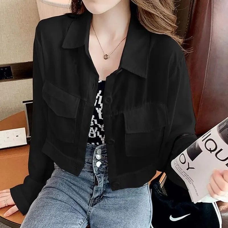 Streetwear Fashion Pockets Blouse Summer New Solid Color All-match Turn-down Collar Casual Korean Single-breasted Straight Shirt