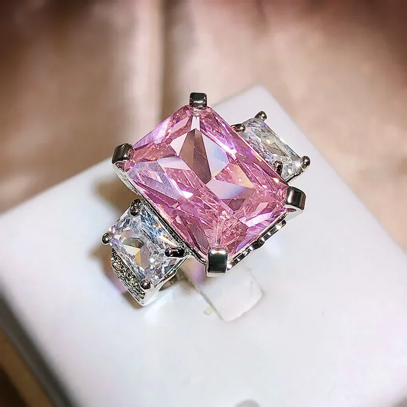 

Fashion Pink Big Square 5A Crystal Wedding Ring 925 Sterling Silver Jewelry For Women Cocktail Ring With Stone Evening Jewellry