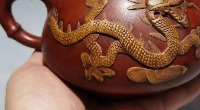 Xizang Folk Yixing Purple Clay Teapot Chinese Loong Statue High Relief Dragon Bamboo pot Kettle Teapot Amass wealth Town house