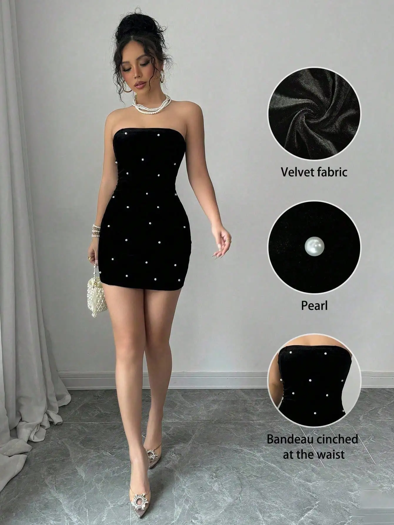 

Костюм на Хэллоуин: черное бархатное платье без бретелек с жемчужной отделкой на талии, элегантное и романтичное женское платье