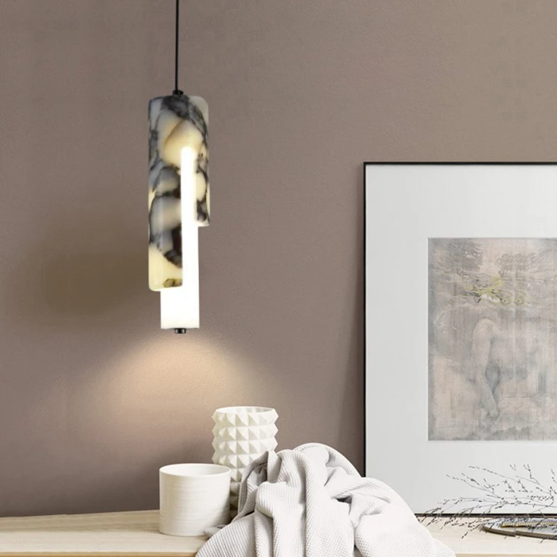 

Art Deco LED Pendant Light Changeable Dimmable Natural Marble White Acrylic For Bedroom Kitchen Dining Room Wire Adjustable