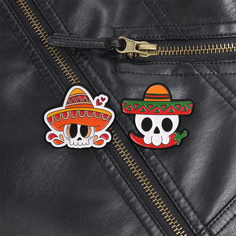 Chili Pepper Sombrero Skull Enamel Pin, Day Of The Dead Sugar Skull Brooch With Mexican Hat For Latin Culture Lovers Style
