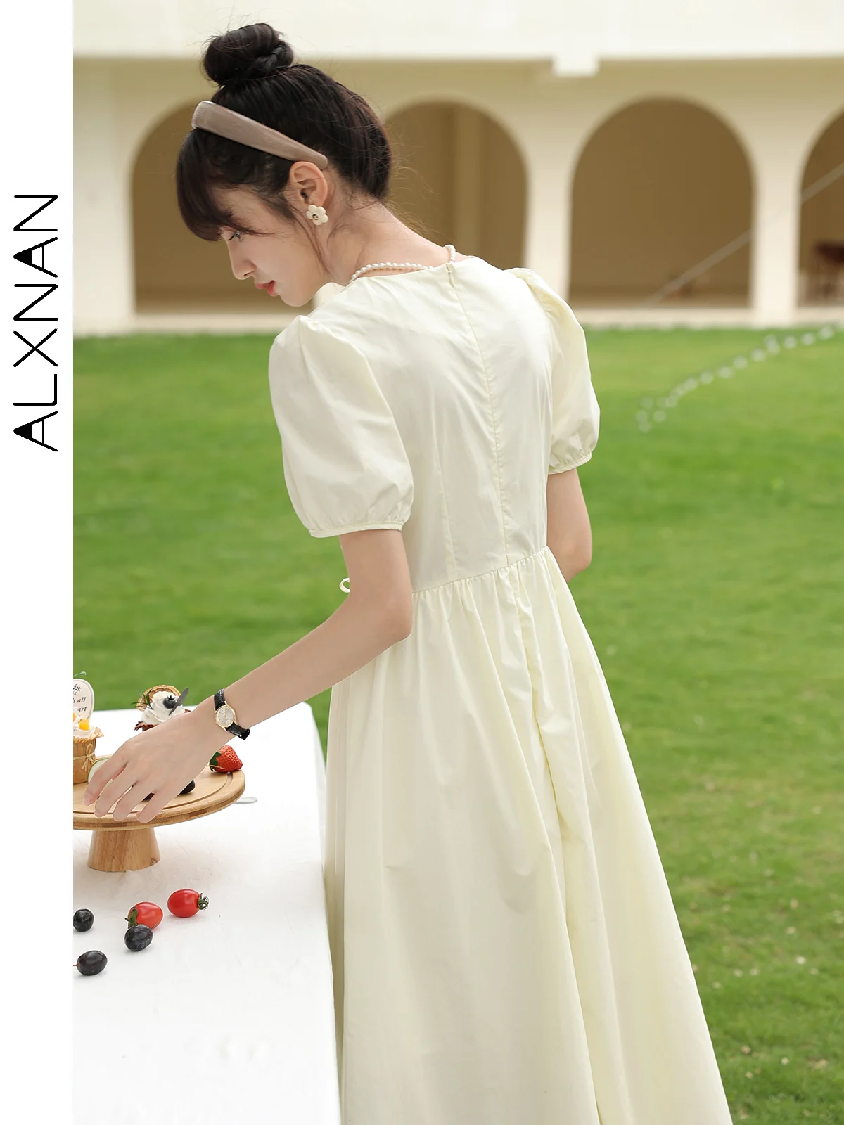 ALXNAN Puff Short Sleeve V Neck Dress Women Summer New 2024 Pleated High Waisted Elegant Fashion Sweet Solid Dresses LXN25963