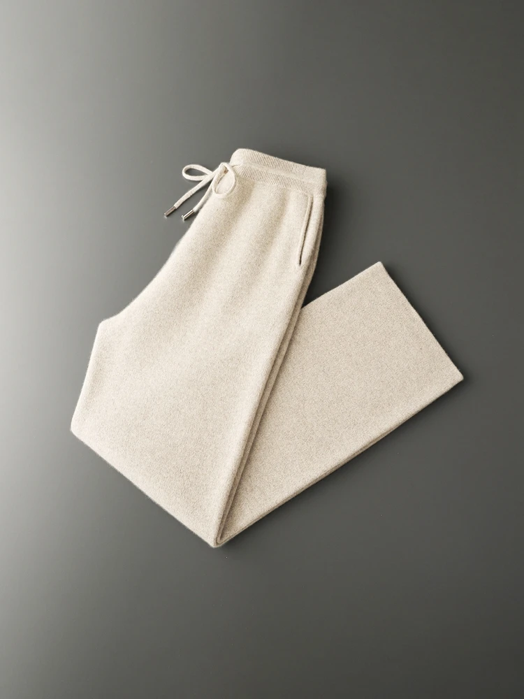 2025 New Chic Men's 100% Merino Wool Knitted  Wide Leg Pants Smart Casual Loose Trousers Autumn Winter Thick Soft Fashion Pants