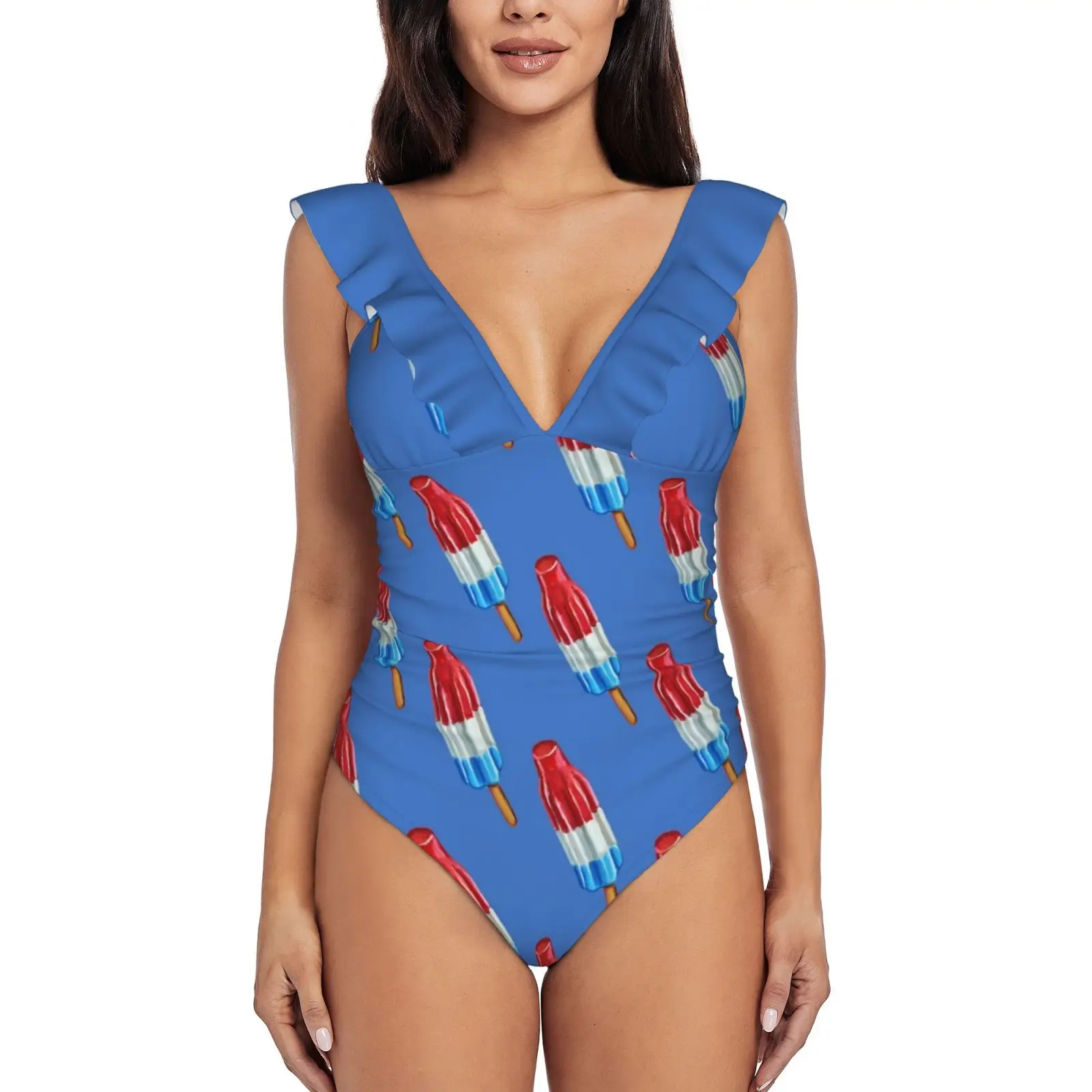 Fun Rocket Pop Popsicle Pattern Women Ruffle One Piece Swimsuit Sexy Bodysuit Monokini Swimwear Bathing Suit Rocket Pop Bomb