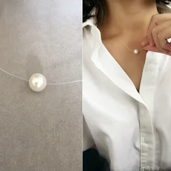 Stainless Steel Fashion Square Genuine Austrian Crystals Pearl Choker Necklace Invisible Transparent Fishing Line Women Party