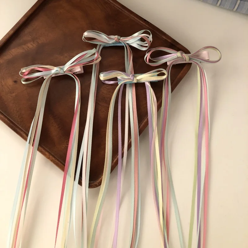 2pcs Super Fairy Double Layer Bow Ribbon Hairpin Girls Sweet Bangs Side Clip Tassel Float Hairpin Sweet Duckbill Clip Headpiece