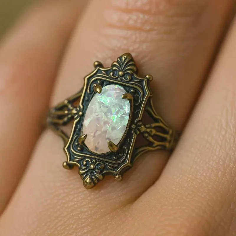 

New Retro Gold Opal Inlaid Ring - Women's Creative Design Perfect Halloween Gift Fashion Personality Jewelry Accessory