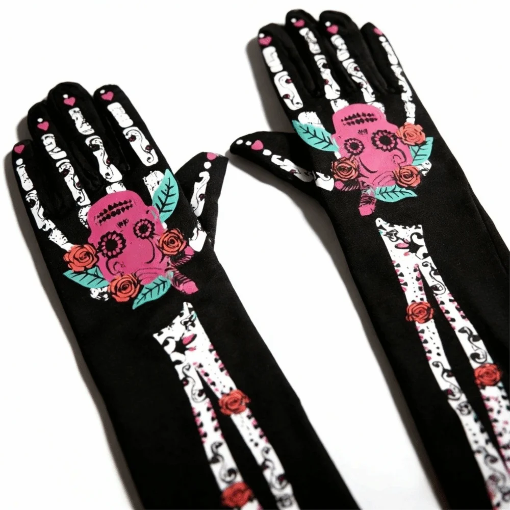 High Quality 3D Skeleton Design Halloween Gloves Long Unisex Design Skeleton Gloves Convex Ghost Festival Gloves Masquerade Ball