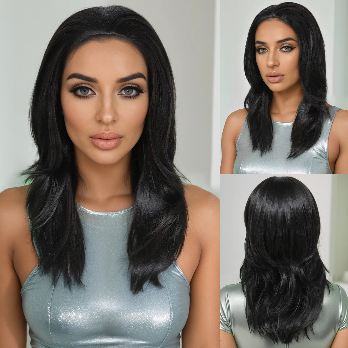 

New Natural Black Curly Bangs Middle-Length Wavy Fiber Full Headpiece European and American synthetic Wig for Women