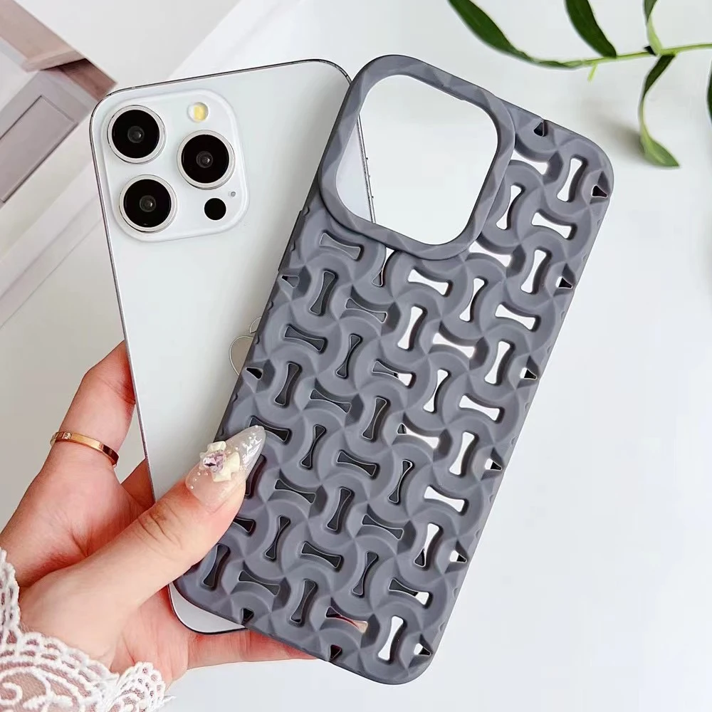 Mesh hollow heat dissipation silicon phone case for iPhone 15 14 13 12 11 Pro Max Titanium gray full shockproof soft back cover