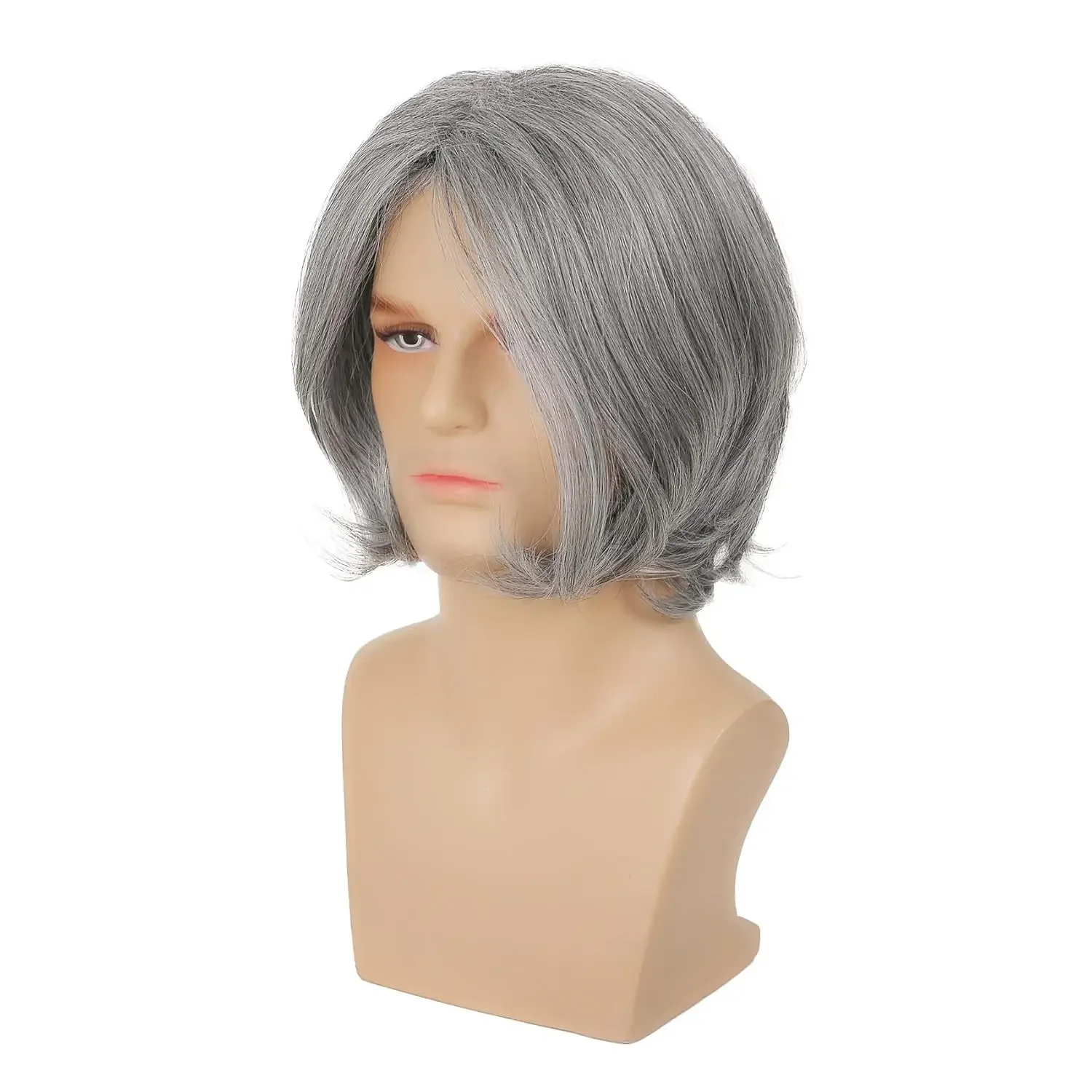 Synthetic Sliver Grey Short Wigs Medium Length Straight Wig for Men Daily Wear Looking Realistic Fake Hair