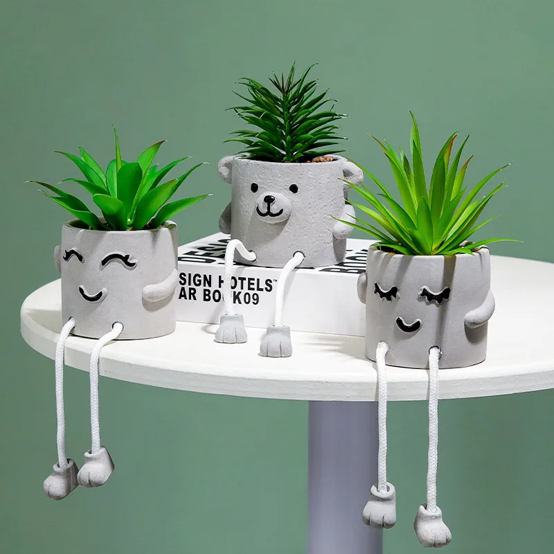 Hanging Leg Doll Fake Succulent Planter,No Maintenance Artificial Plant in Cement Pot,Nordic Style Office Desk Creative Ornament