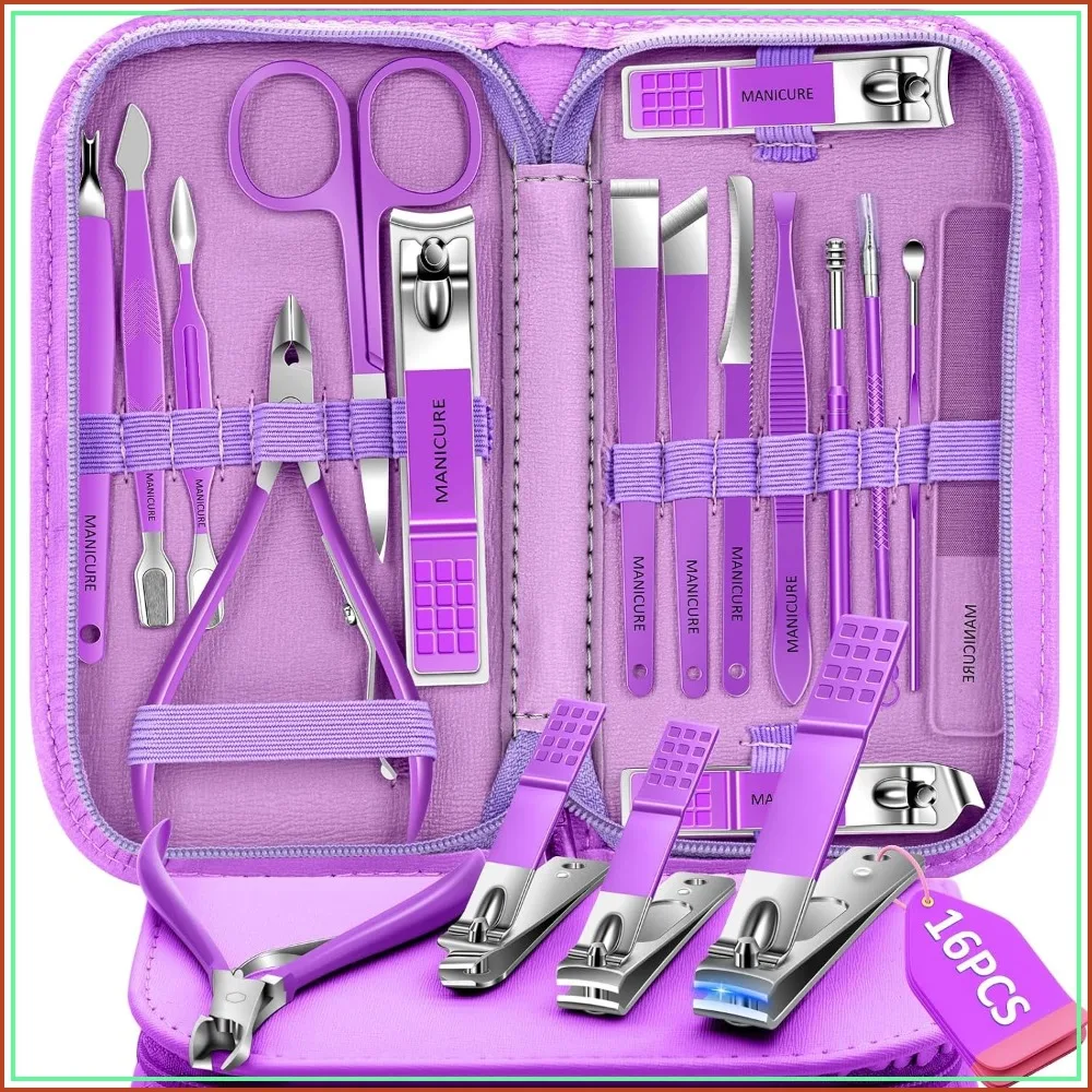 16Pcs Stainless Steel Manicure Set with Travel Bag, Nail Clippers & Scissors, Purple