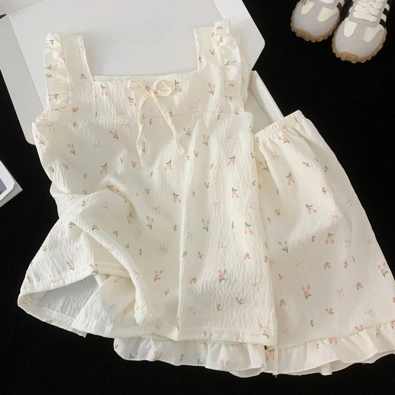 Conjunto de pijamas florais infantis, colete leve de algodão nuvem para o verão com shorts estilo princesa para meninas, roupa de casa para bebês