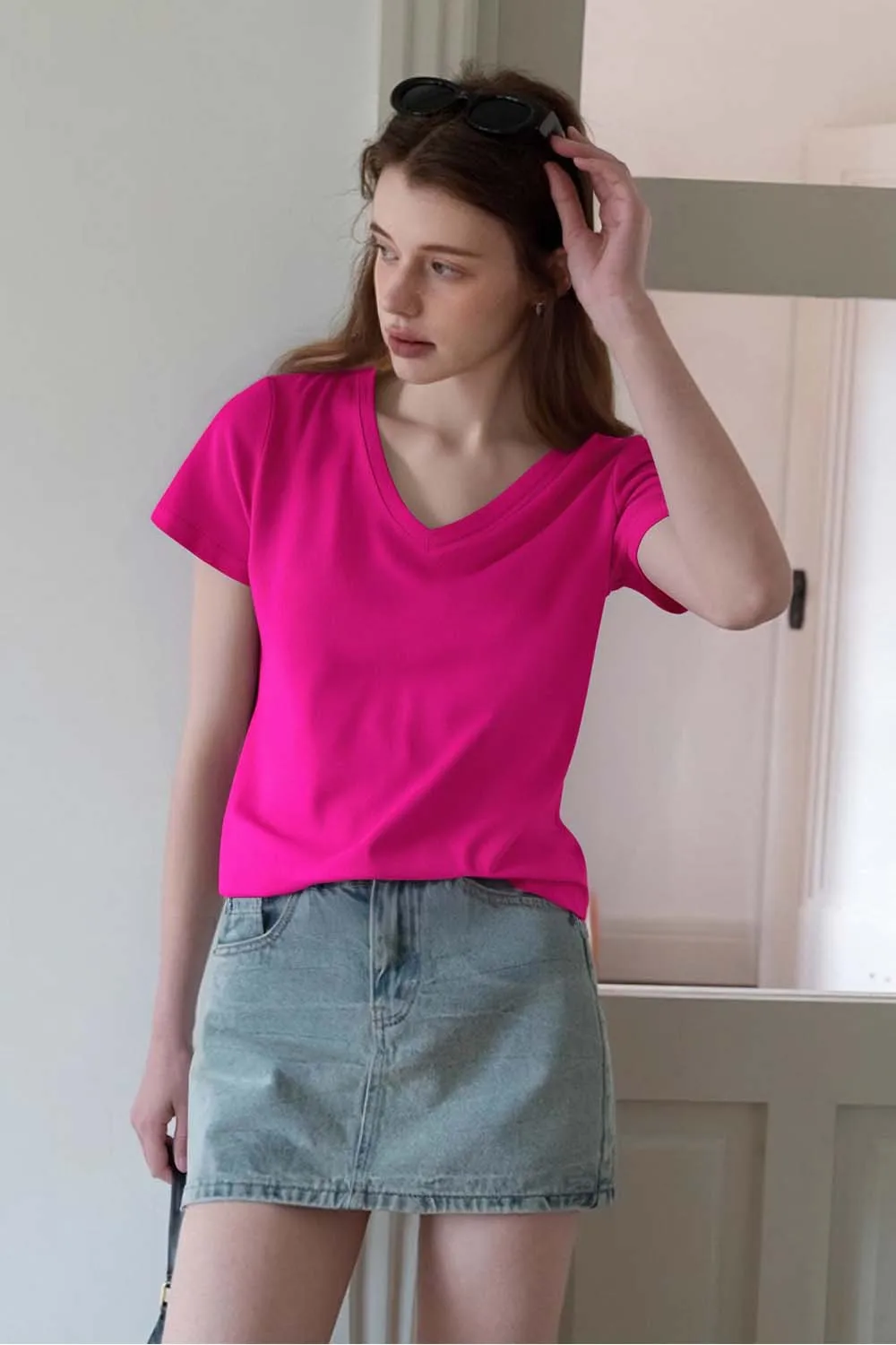 VIMLY Women's Casual V-neck Loose T-Shirt 2026 Summer Short Sleeve Cotton Blend Simple Commute Pullover Versatile Tees Top A0811