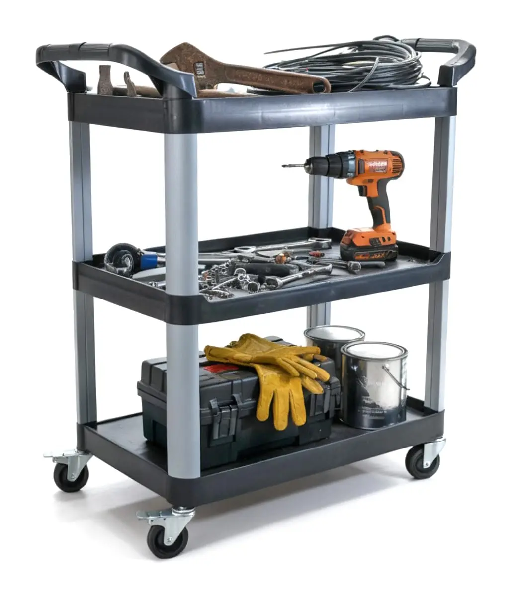

Heavy-Duty Utility Service Cart, 3 Shelf, 450 Lbs Max, Rolling Cart 33x37x16 in Black