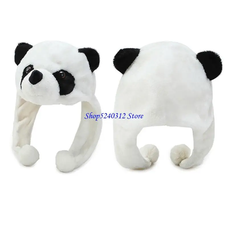 634C Cartoon Plush Panda Beanie Hat Long Strap Warm Earflap Cap Stuffed
