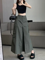 Women's Green Denim Cargo Skirt Y2k Elegant Streetwear A-Line Long Skirt Harajuku Korean Vintage 90s High Waist Skirts Clothes