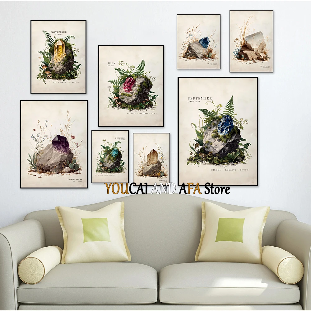 Birthstone Vintage Emerald Crystal Rustic Peridot Citrine Western Gemstone Poster Canvas Painting Minimal Decor Bithday Gifts