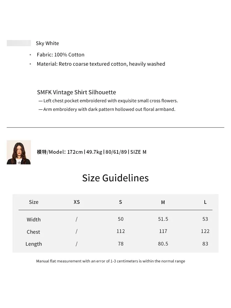 SMFK Classic Shirt Cross Embroidered Oversize Women\'s Basic Long Sleeve Shirt Minimalist Button Up Loose Cotton Blouse Clothing