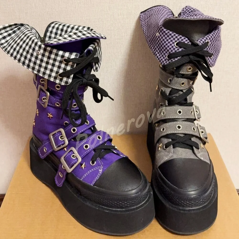 Gingham Turn Over Ankle Boots Cuff Star Y2K Women Platform Studded Multi Buckle Strap Lace Up Shoes Gothic Punk Canvas Shoes