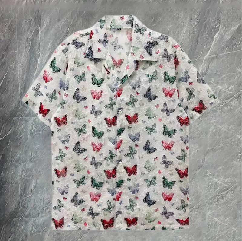 Jacquard Short Sleeve Casual Shirt Men Party Dress Shirts Men Clothing Flower Butterfly Shirts Men Camisa Social Masculina