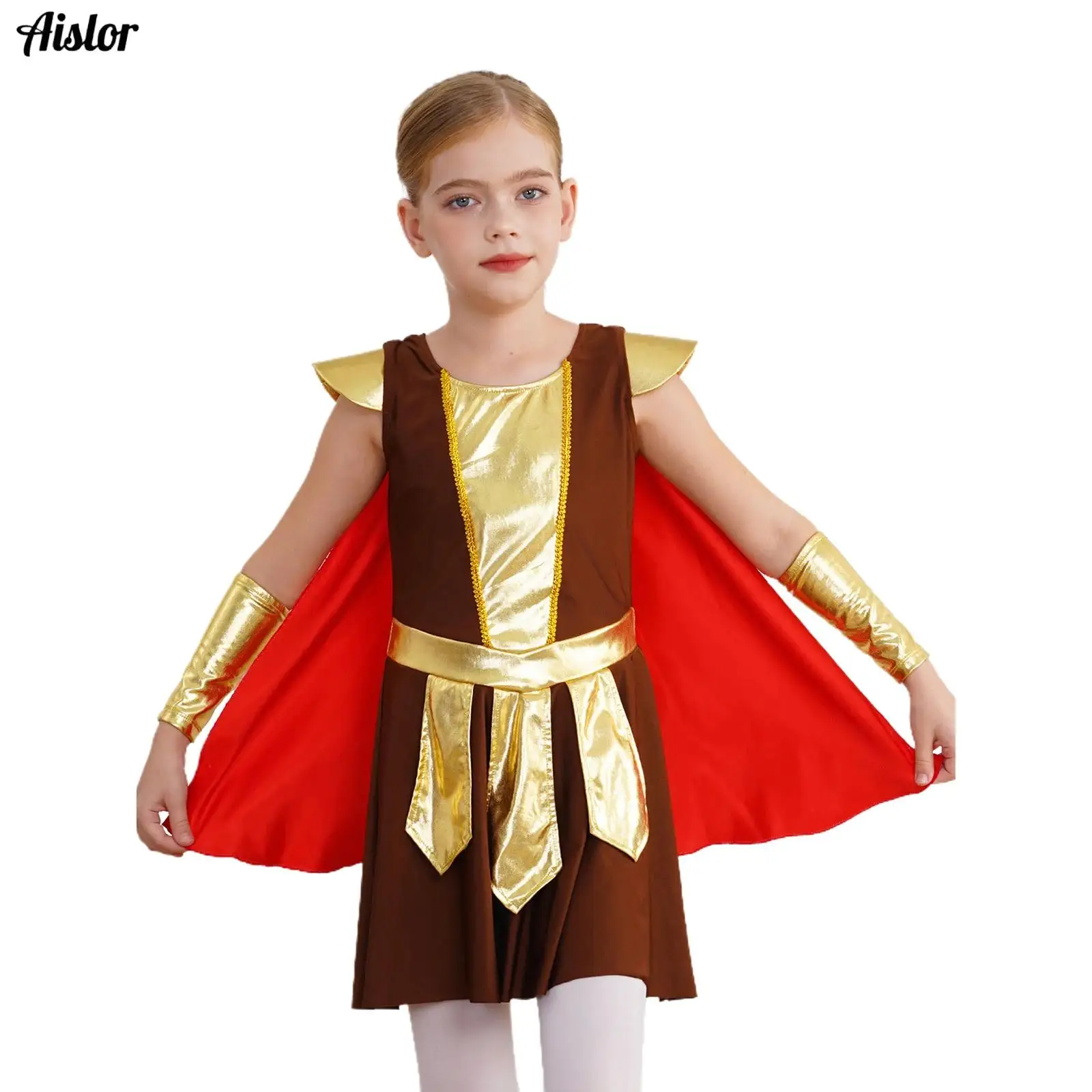 Kids Girls Halloween Ancient Roman Warrior Costume Medieval Soldier Gladiator Dress+Cloak Masquerade Historical Role Play Set