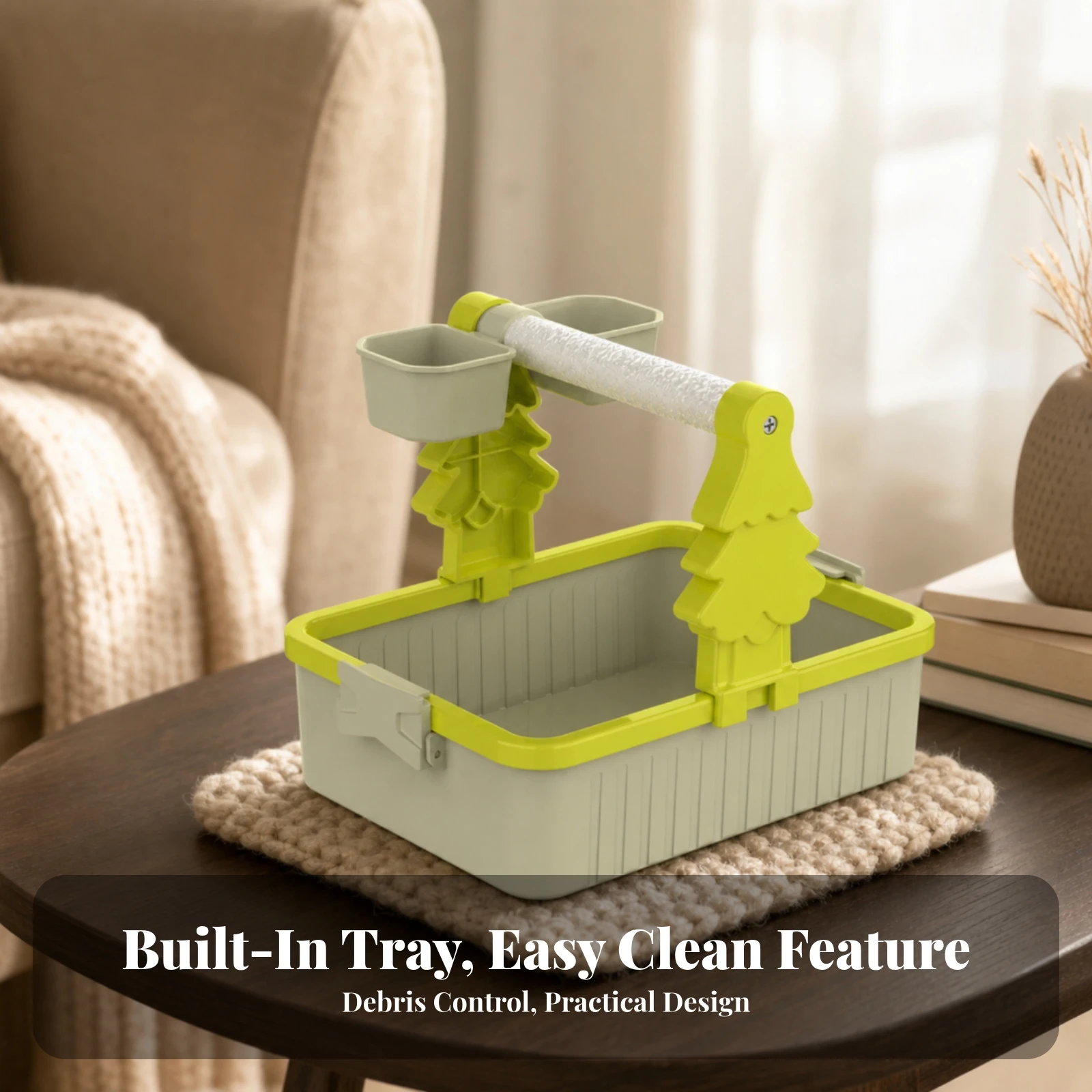 Tabletop Bird Stand with Feeder Cups Easy-to-Clean Desktop Bird Perch with Tray Pet Supply Compact Portable for Small Birds