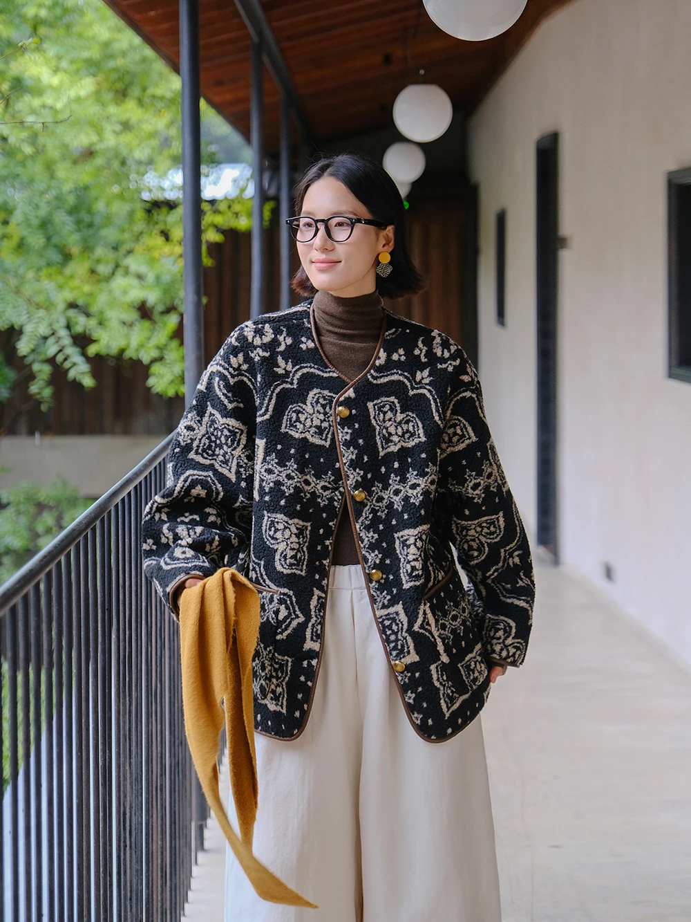 

Mallin 2025 Winter New Vintage Pattern n Fce Thi Warm Leather Tweed Coat Women's Casual Sle Loose Fit Coat