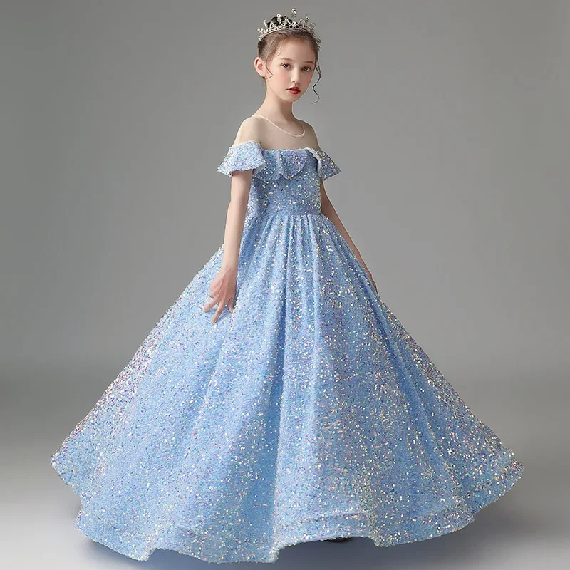 

Kids Dresses For Party Wedding Dress one shoulder Sequins beaded Children Pageant Gown Gorgeous Girls Princess Dress Girl clothe