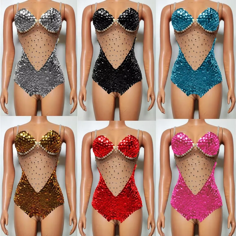 

Singer Show Performance Costume Dance Team Shiny Sequins Beads Bodysuit Stage Wear Sexy Nightclub Bar Stage Rhinestones Leotard
