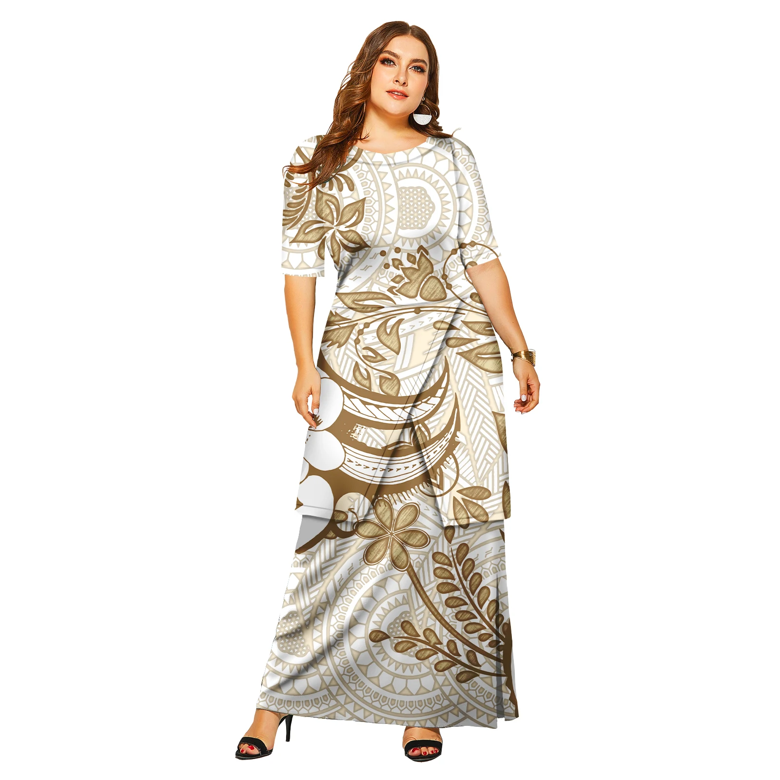 

Hawaii Samoan Island Polynesian Puletasi Casual Dress Plus Size Luxury Design Maxi Top and Slit Skirt Two Piece Set