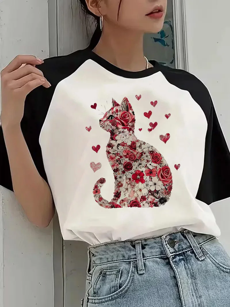 Damen-T-Shirt mit Rundhalsausschnitt und kurzen Ärmeln, mit floralem Katzenmotiv, 90er-Jahre, lässige T-Shirts, Oberteile, Damen-T-Shirt mit Valentinstag-Liebeskatzen-Grafik