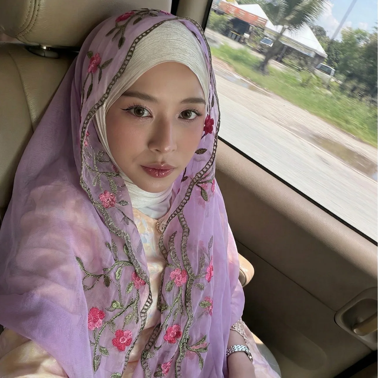 Women's long silk scarf with lace and floral embroidery, designed as a headscarf and wrap shawl, suitable for Muslim hijab