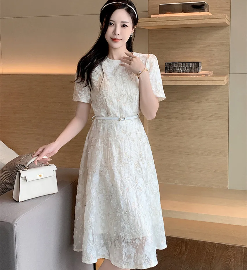 New 2024 Elegant Women Round Collar Short Sleeve Prom Party Dress Luxury Chic Summer Embroidery Flower Sequin Belt Midi Vestidos