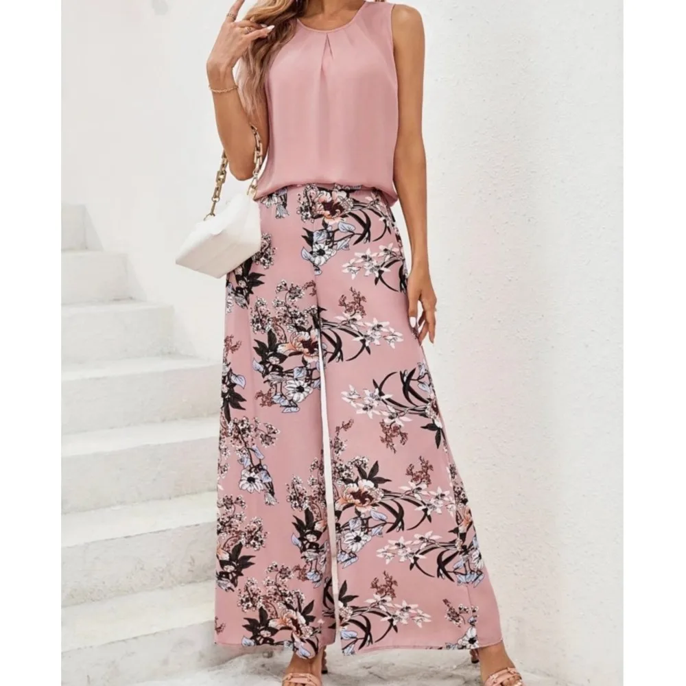 

Женские летние комплекты из 2 предметов со штанами, однотонный топ без рукавов с v-образным вырезом, топ на бретельках с высокой талией, широкие брюки с цветочным принтом, наряды