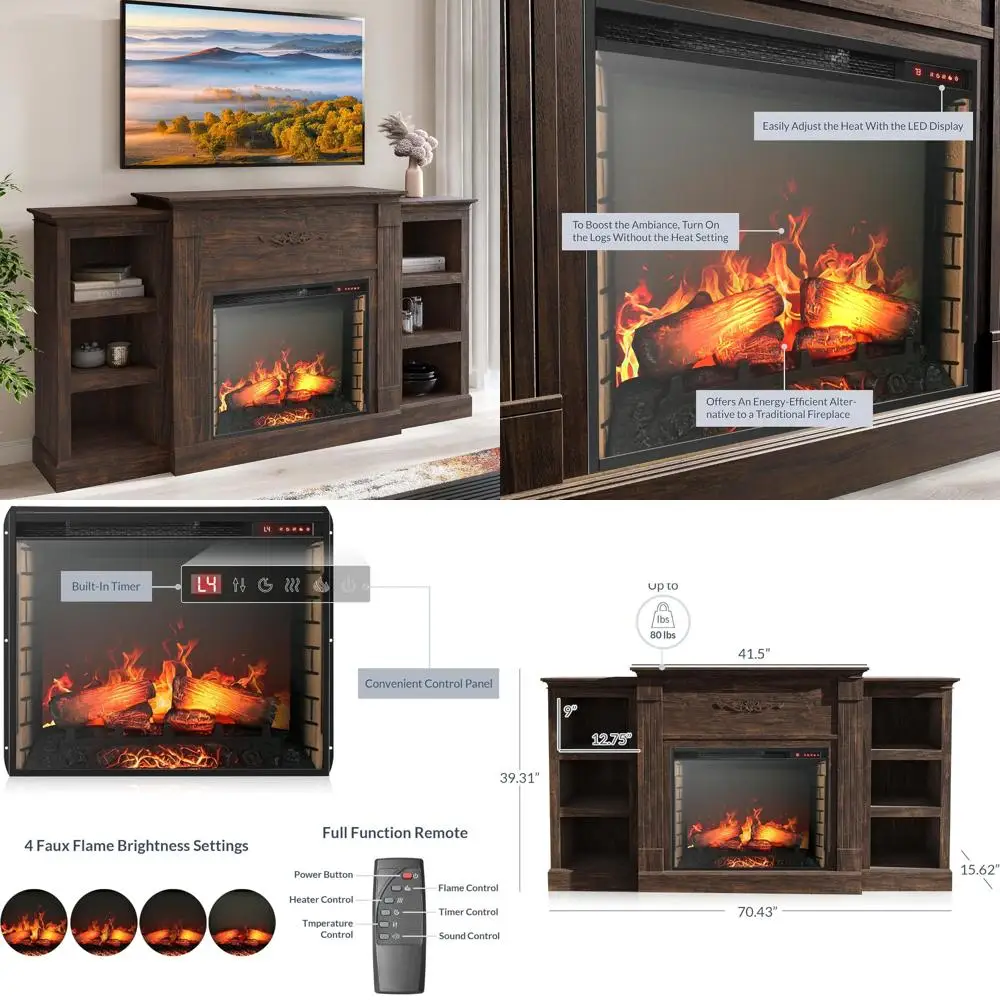 Consola multimedia para chimenea eléctrica contemporánea de 70 con calefacción eficiente para televisores de hasta 68