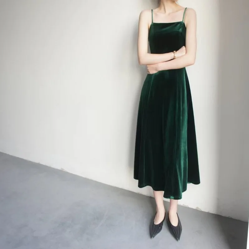 Dark Green Velvet Women Dresses A-line French Style Vintage Solid Vestidos Mujer Fashion Autumn Winter Long Dress