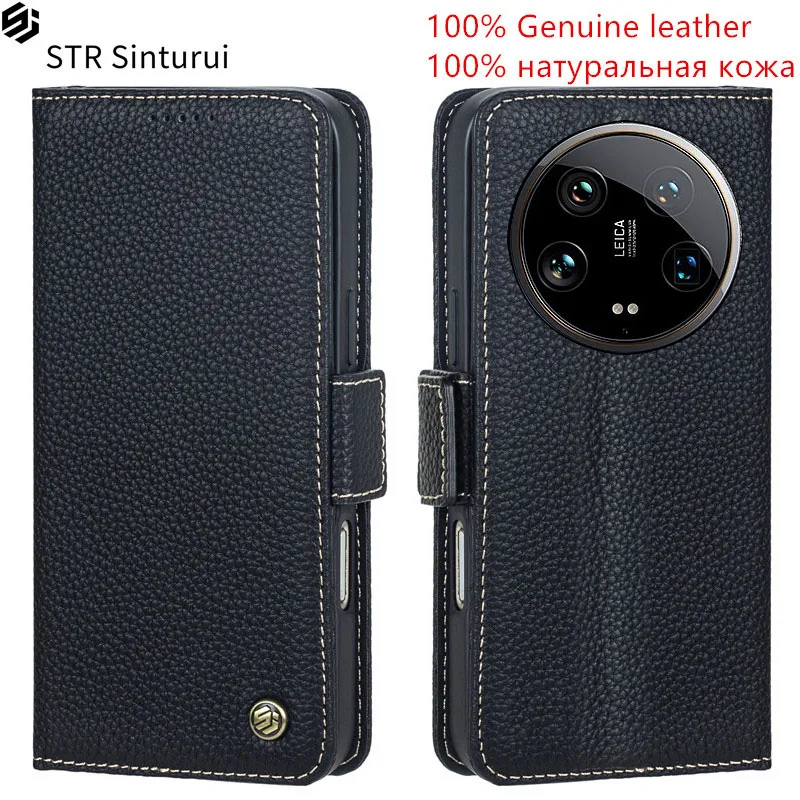 

STR 100% Genuine leather lychee grain card Slot Wallet Cover For Xiaomi 13 14 Ultra 14T 13T Pro Lite Flip shockproof phone Case