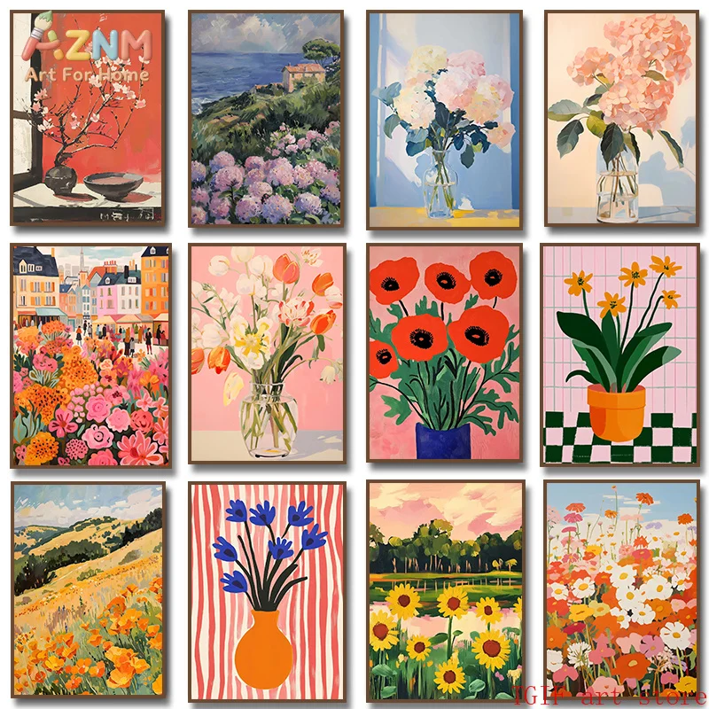 AZNM Colorful Floral Landscape Canvas Print Poppy Sunflower Hydrangea Flower Vase Countryside Town Vintage Oil Painting Wall Pos